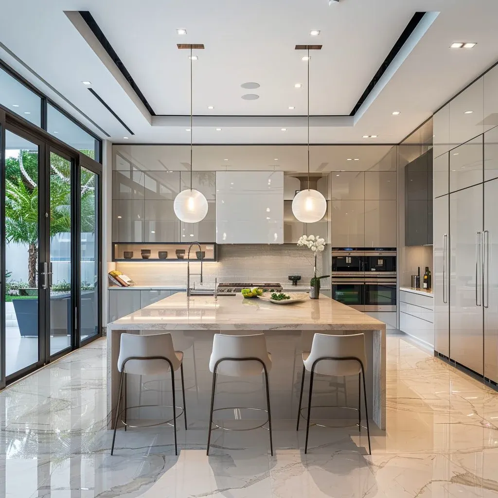 Modern luxury kitchen with glossy cabinetry and a marble island