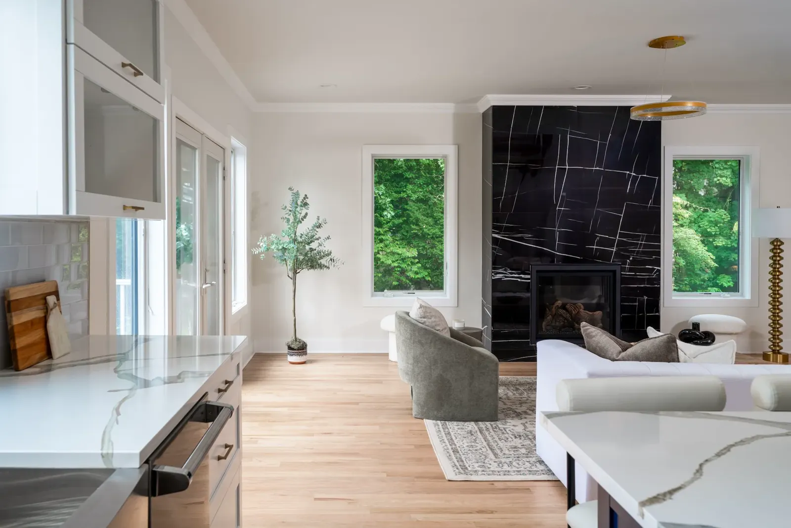 Dark marble accent wall with refined lighting