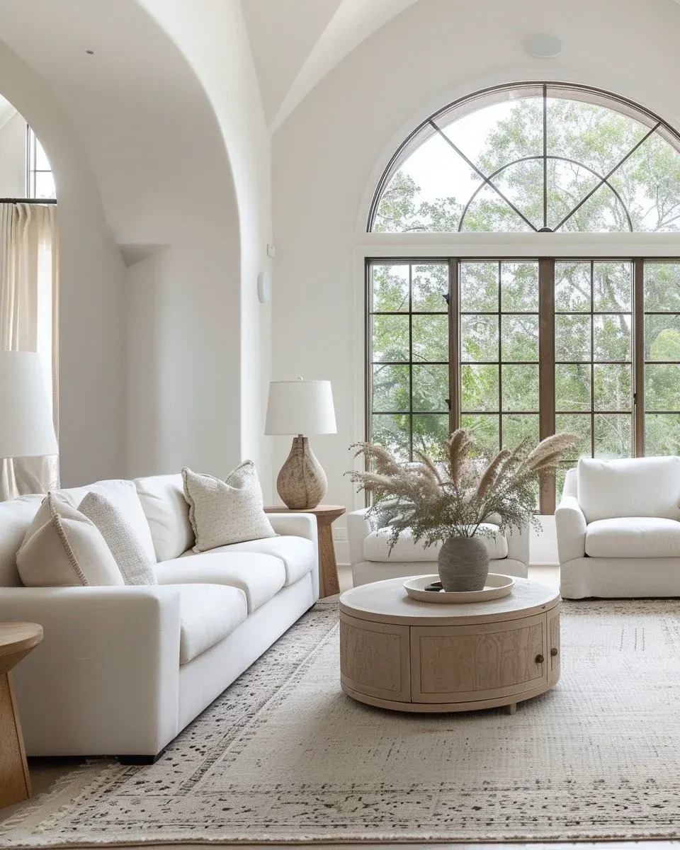 Living room with an arched palladian window and vaulted ceiling